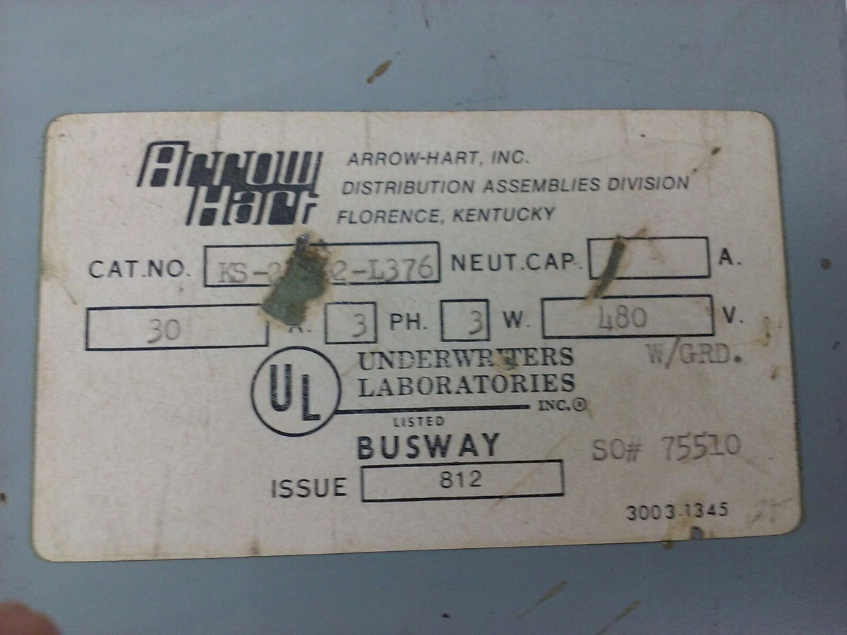 ARROW-HART BUSSWAY, 30AMP 3PH, 3W, 480V, MAX H.P. 20, FUSIBLE, DISCONNECT, USED