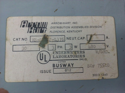 ARROW-HART BUSSWAY, 30AMP 3PH, 3W, 480V, MAX H.P. 20, FUSIBLE, DISCONNECT, USED