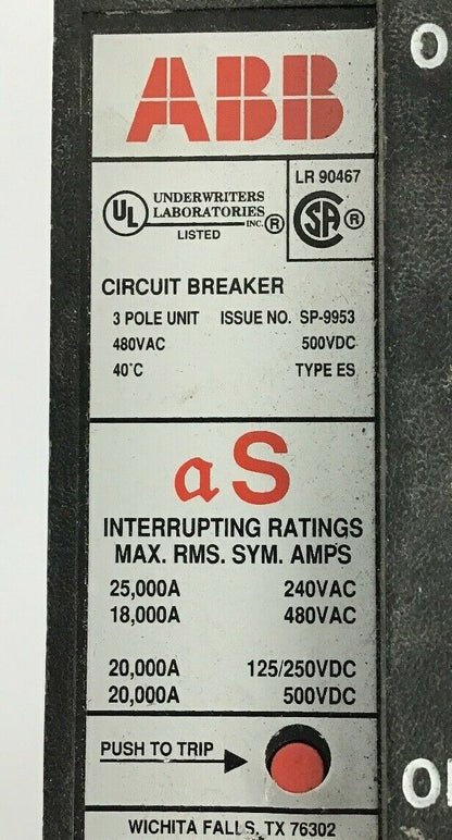 ABB UXAB 727131 R 101 15AMP CIRCUIT BREAKER 500VDC 3POLE TYPE ES 480VAC