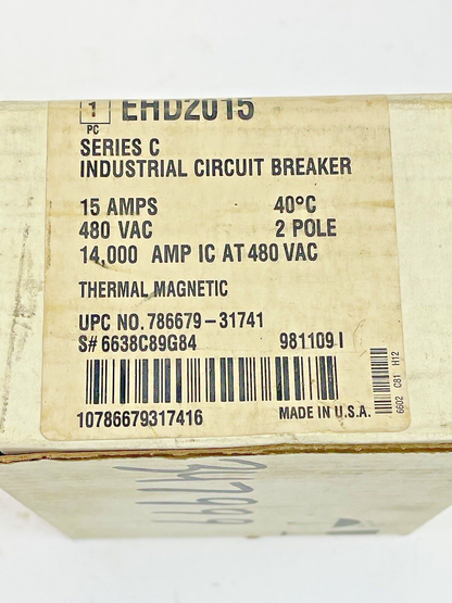 CUTLER HAMMER - WESTINGHOUSE - EHD2015 -  CIRCUIT BREAKER - 15A/2 POLE/480 VAC