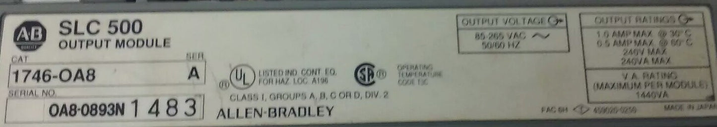 ALLEN-BRADLEY, SLC 500 1746-OA8, SERIES A, OUPUT MODULE,85-265VAC, 50/60HZ, USED