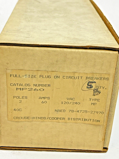 CROUSE-HINDS *BOX OF 5*-MP260- 2 POLE, 60 A, 240 VAC FULL-SIZE CIRCUIT BREAKER
