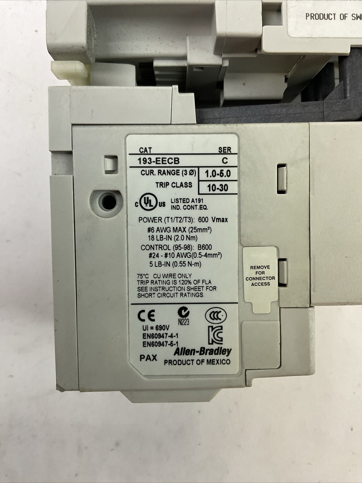 ALLEN BRADLEY STARTER (100-C09*10 SER A COIL 120V + 193-EECB SER C 1.0-5.0A)