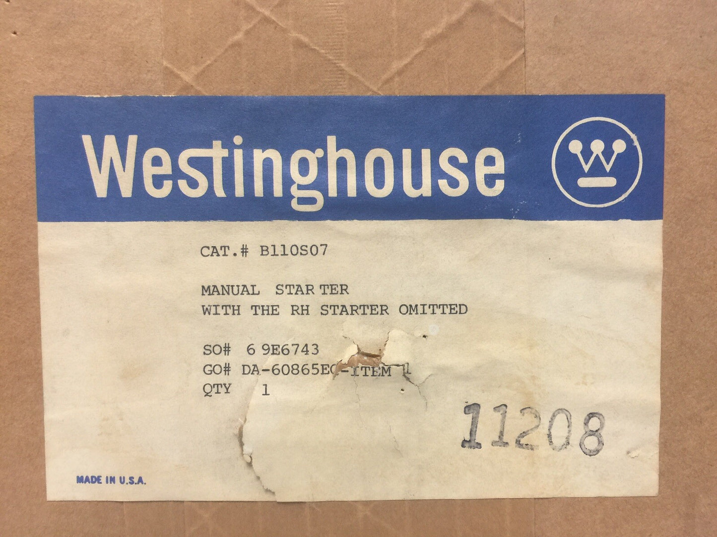 WESTINGHOUSE B110S07 MANUAL STARTER WITH THE RH STARTER OMITTED