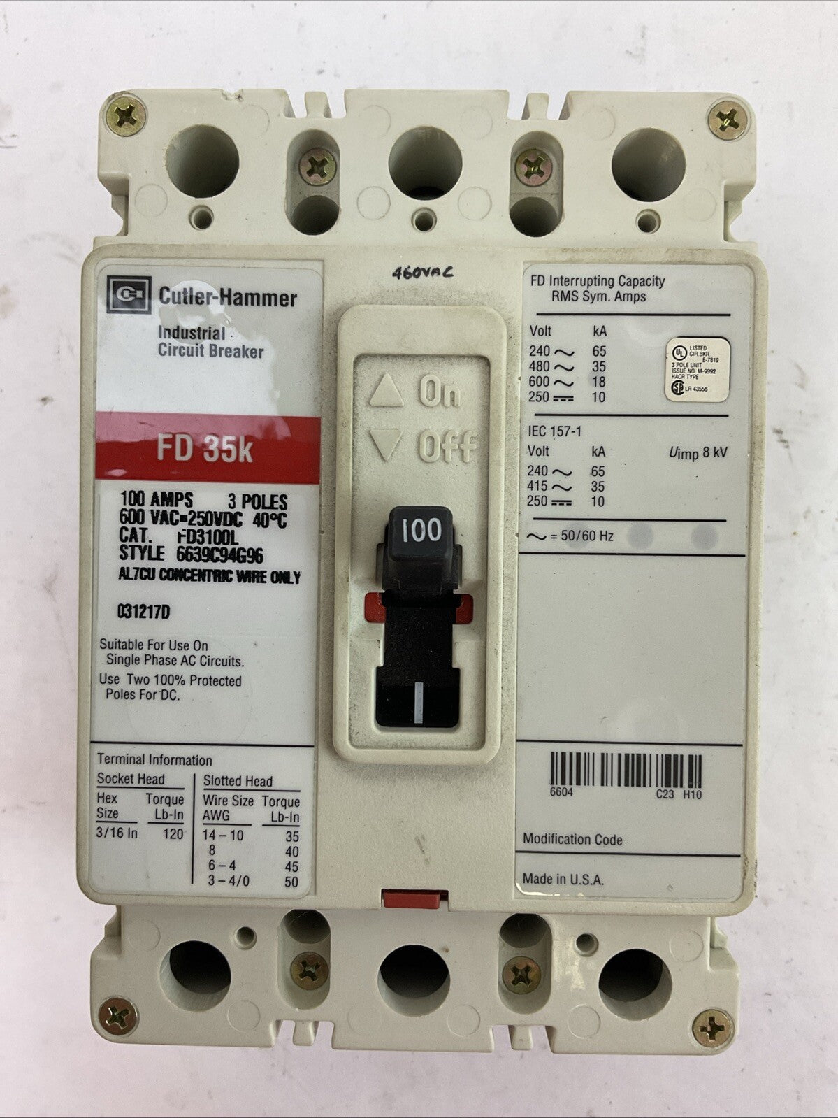 CUTLER HAMMER FD3100L CIRCUIT BREAKER 100AMP 600VAC 250VDC 3POLE FD 35k
