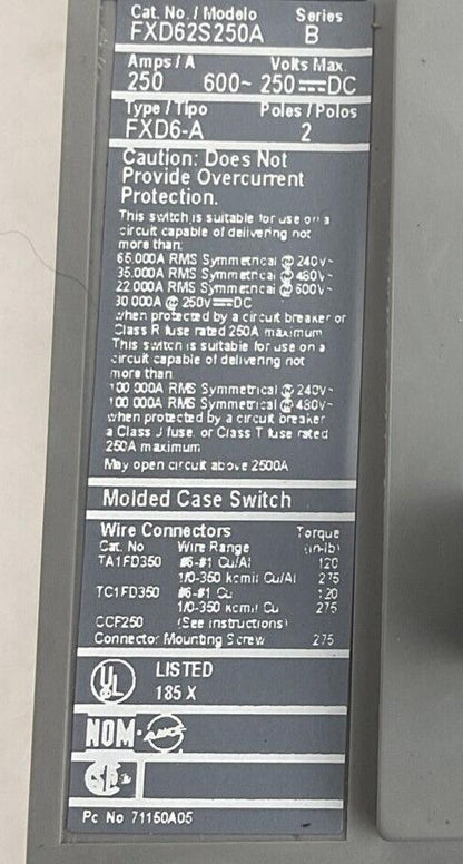 SIEMENS FXD62S250A CIRCUIT BREAKER 250A 600V 50-60HZ 2POLE SER.B
