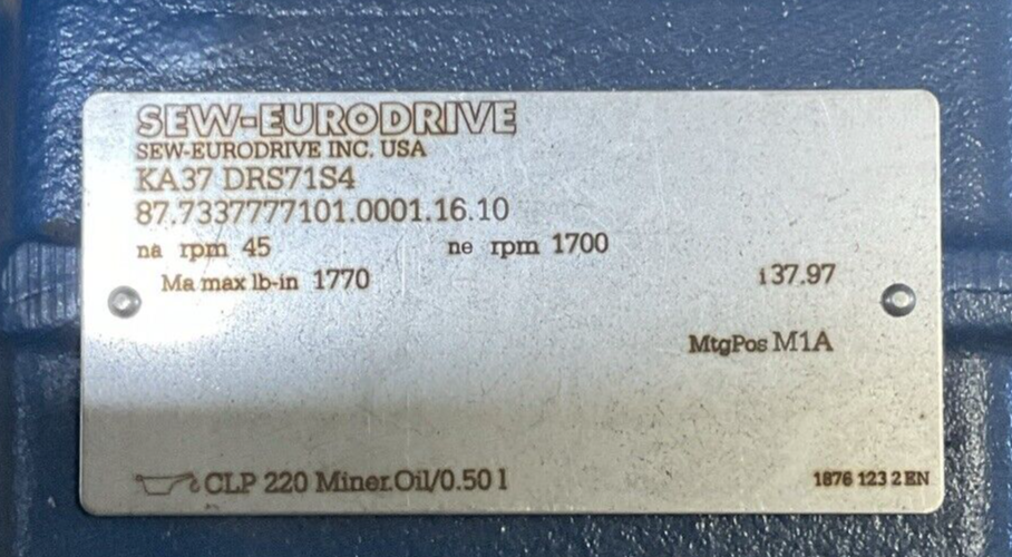 SEW-EURO DRIVE KA37 DRS71S4 GEAR MOTOR 1700/45RPM PF0.69 HP 0.50S1