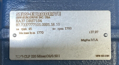 SEW-EURO DRIVE KA37 DRS71S4 GEAR MOTOR 1700/45RPM PF0.69 HP 0.50S1