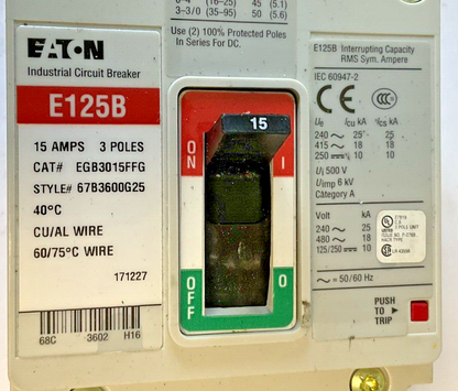 EATON EGB3015FFG CIRCUIT BREAKER 15AMPS 3POLE 250VDC 50/60HZ E125B