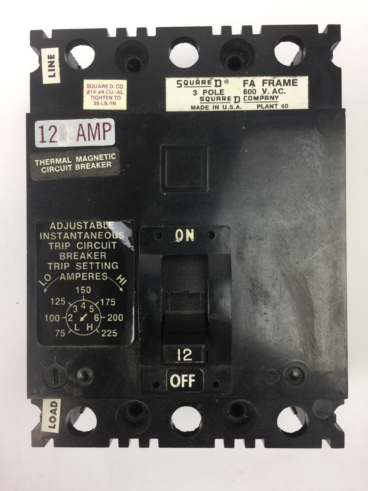 SQUARE D FAL3601212T THERMAL MAGNETIC CIRCUIT BREAKER 600 VAC 12 AMP 3 POLE