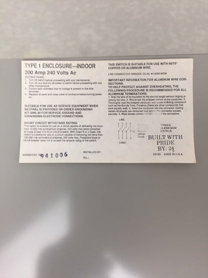CHALLENGER GD324NFC 200 AMP 240 VAC 3 POLES TYPE 1 NON FUSIBLE GENERAL DUTY