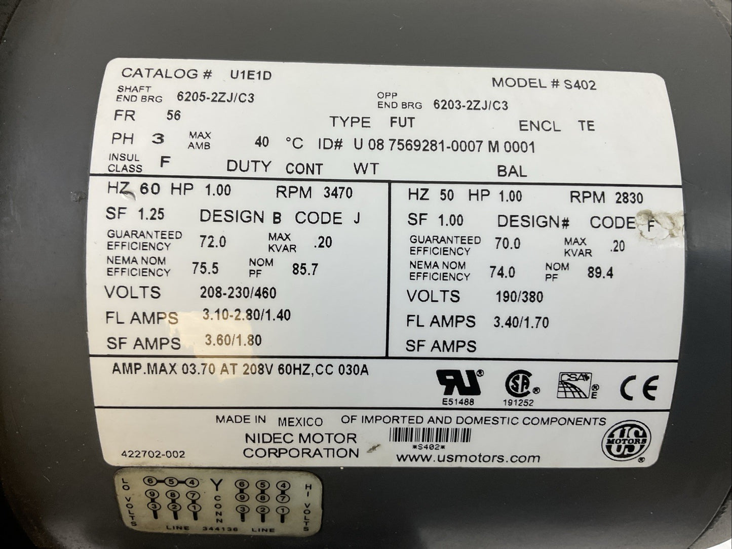 NIDEC U1E1D ELECTRIC MOTOR S402 3470RPM 1HP 208-230/460V 3PH TYPE FUT
