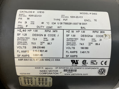 NIDEC U1E1D ELECTRIC MOTOR S402 3470RPM 1HP 208-230/460V 3PH TYPE FUT
