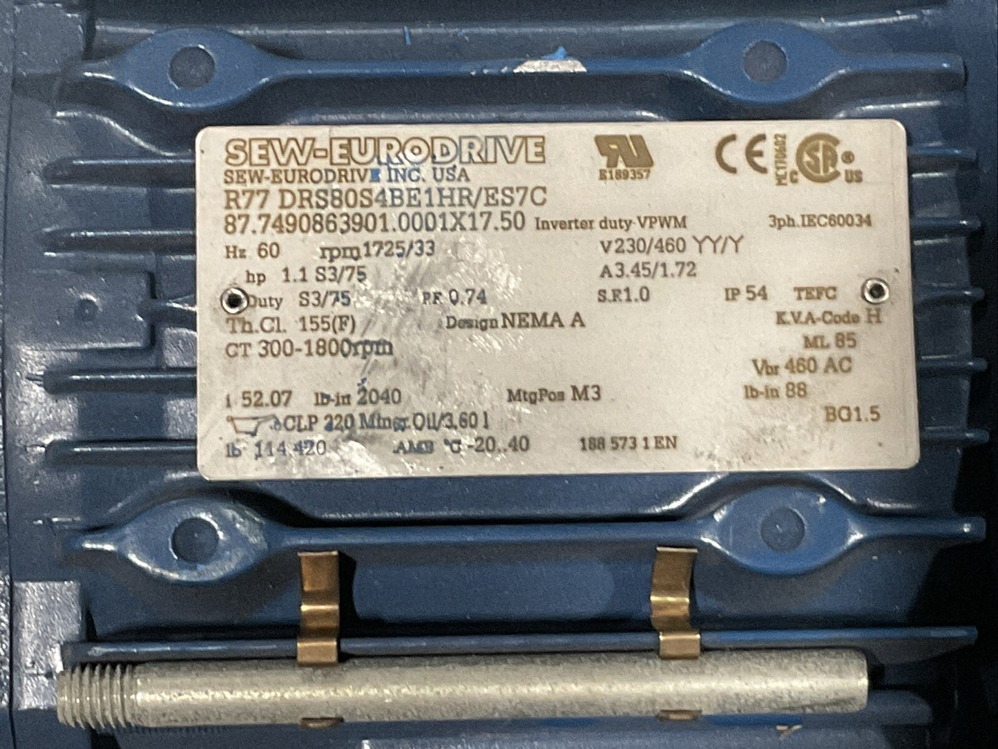 SEW-EURODRIVE R77 DRS80SBE1HR/ES7C GEAR MOTOR HZ 60 rpm 1725 V230/460 YY/Y