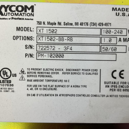 XYCOM PM-102000 100-240VAC 1.0A 50/60HZ XT1502-BB-RB DISPLAY PANEL XT 1502