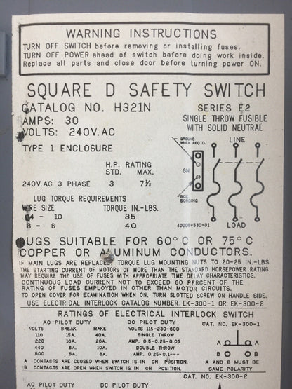 SQUARE D H321 FUSIBLE SAFETY SWITCH SER E2 30A 240VAC 7.5HP 3PH TYPE 1 ENCLOSURE