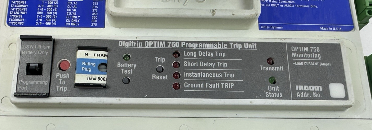 CUTLER HAMMER CHND3800T76W 800A 600V 3P CIRCUIT BREAKER W/DIGITRIP 750 TRIP UNIT