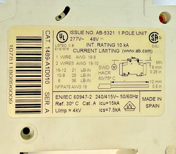 ALLEN BRADLEY 1489-A1D010 CIRCUIT BREAKER SER.A  ***LOTOF3***