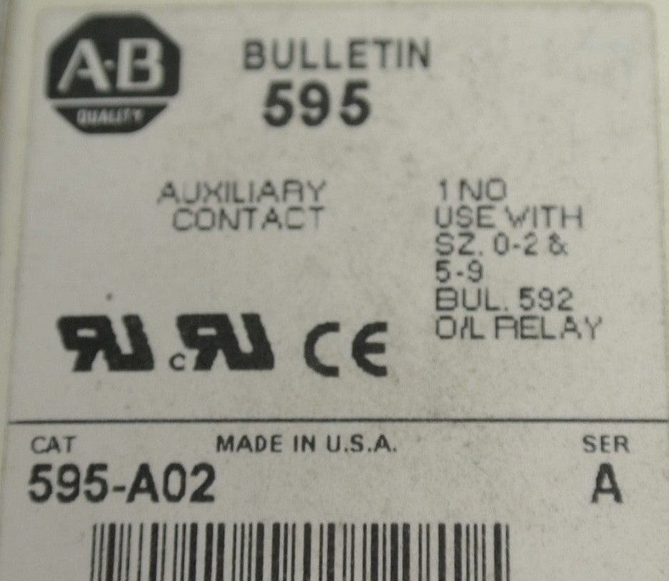 ALLEN-BRADLEY 595-A02 AUXILIARY CONTACT / 1 N.O. / SIZES 0-2 & 5-9 / NEW SURPLUS