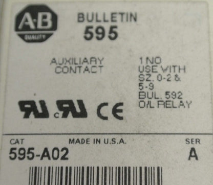 ALLEN-BRADLEY 595-A02 AUXILIARY CONTACT / 1 N.O. / SIZES 0-2 & 5-9 / NEW SURPLUS