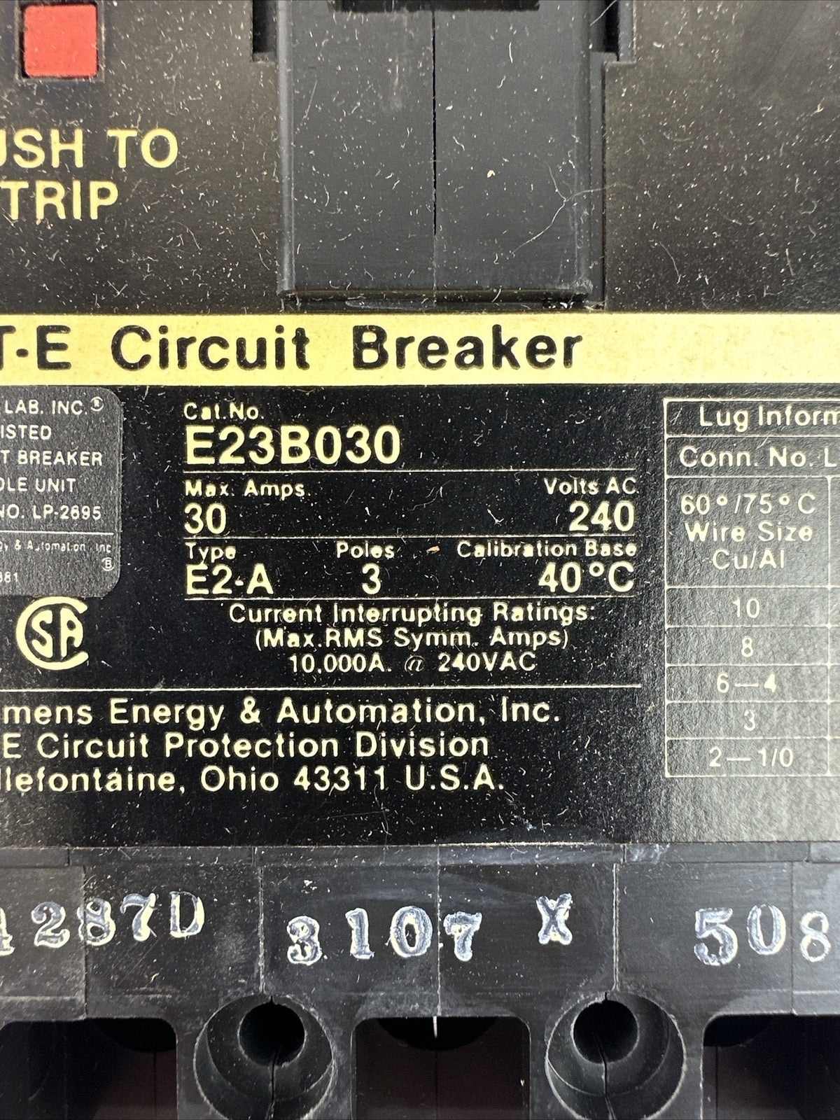 SIEMENS ITE E23B030 MOLDED CASE CIRCUIT BREAKER 30A 3P 240VAC