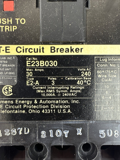 SIEMENS ITE E23B030 MOLDED CASE CIRCUIT BREAKER 30A 3P 240VAC