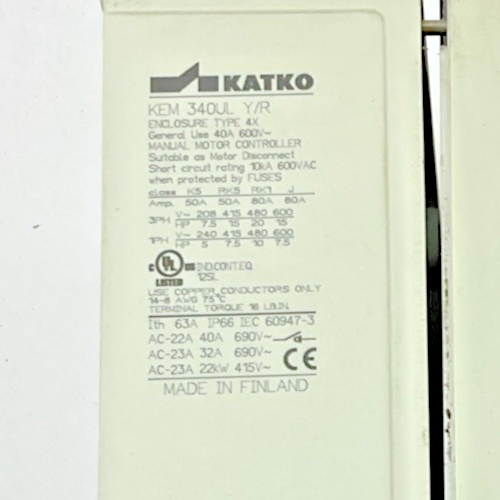 KATKO KEM 340UL Y/R MANUAL MOTOR CONTROLLER 600VAC 40A TYPE 4X
