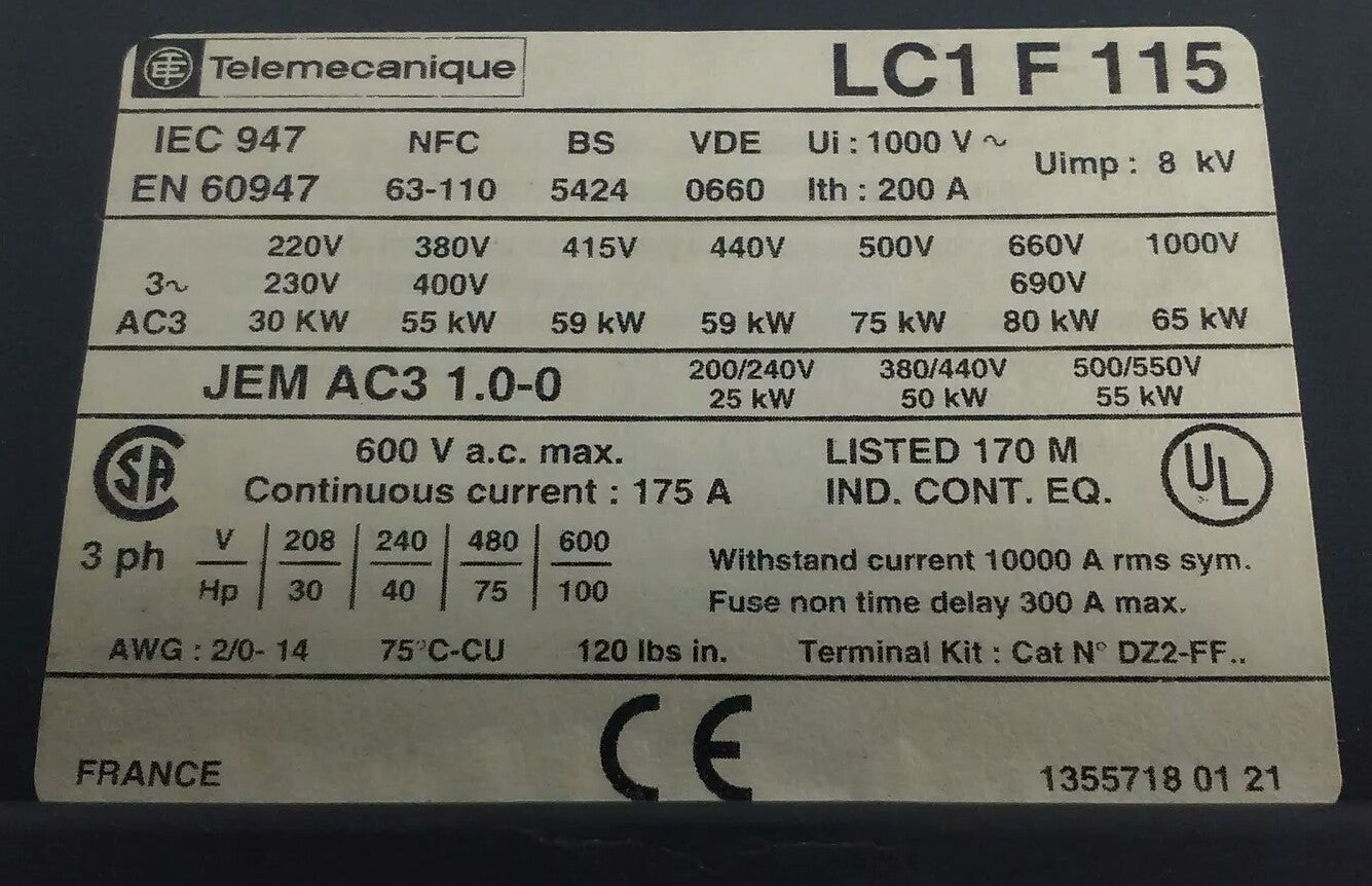 TELEMECANIQUE LC1F115 CONTACTOR, 3PH, 600V, 175A, 100HP, W/ LX1FF020 20/24V COIL