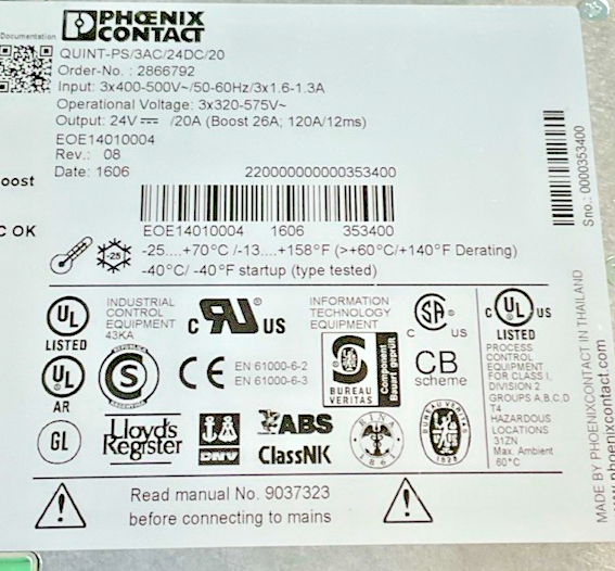 PHOENIX CONTACT PS/3AC/24DC/20 POWER SUPPLY 500VAC 50/60HZ REV.08