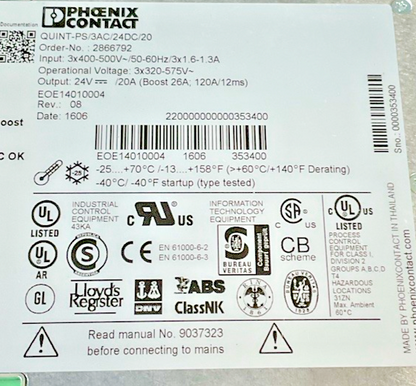 PHOENIX CONTACT PS/3AC/24DC/20 POWER SUPPLY 500VAC 50/60HZ REV.08