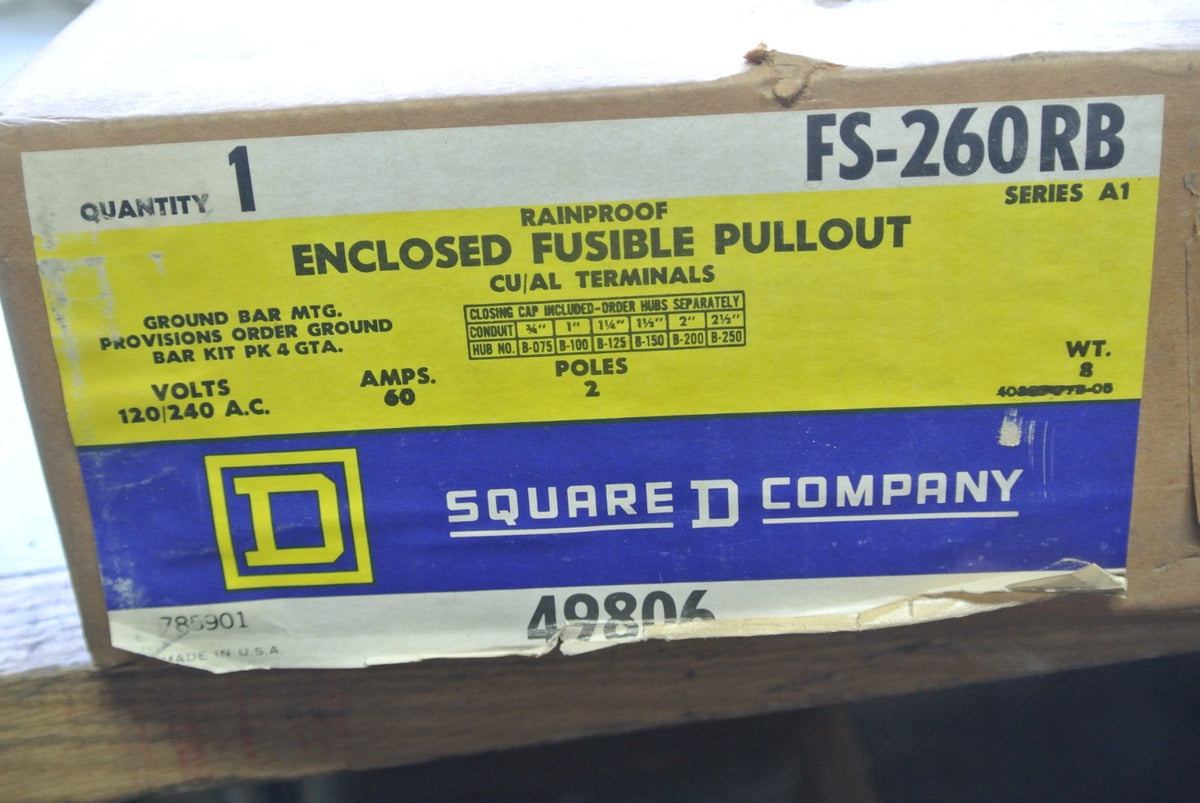 SQUARE D FS-260RB ENCLOSED FUSIBLE PULLOUT, RAINPROOF 120/240VAC 60A NEW SURPLUS