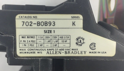 ALLEN BRADLEY 702-B0B93 AC CONTACTOR SER K SIZE 1 27 AMP 480V 60HZ 440V 50 HZ