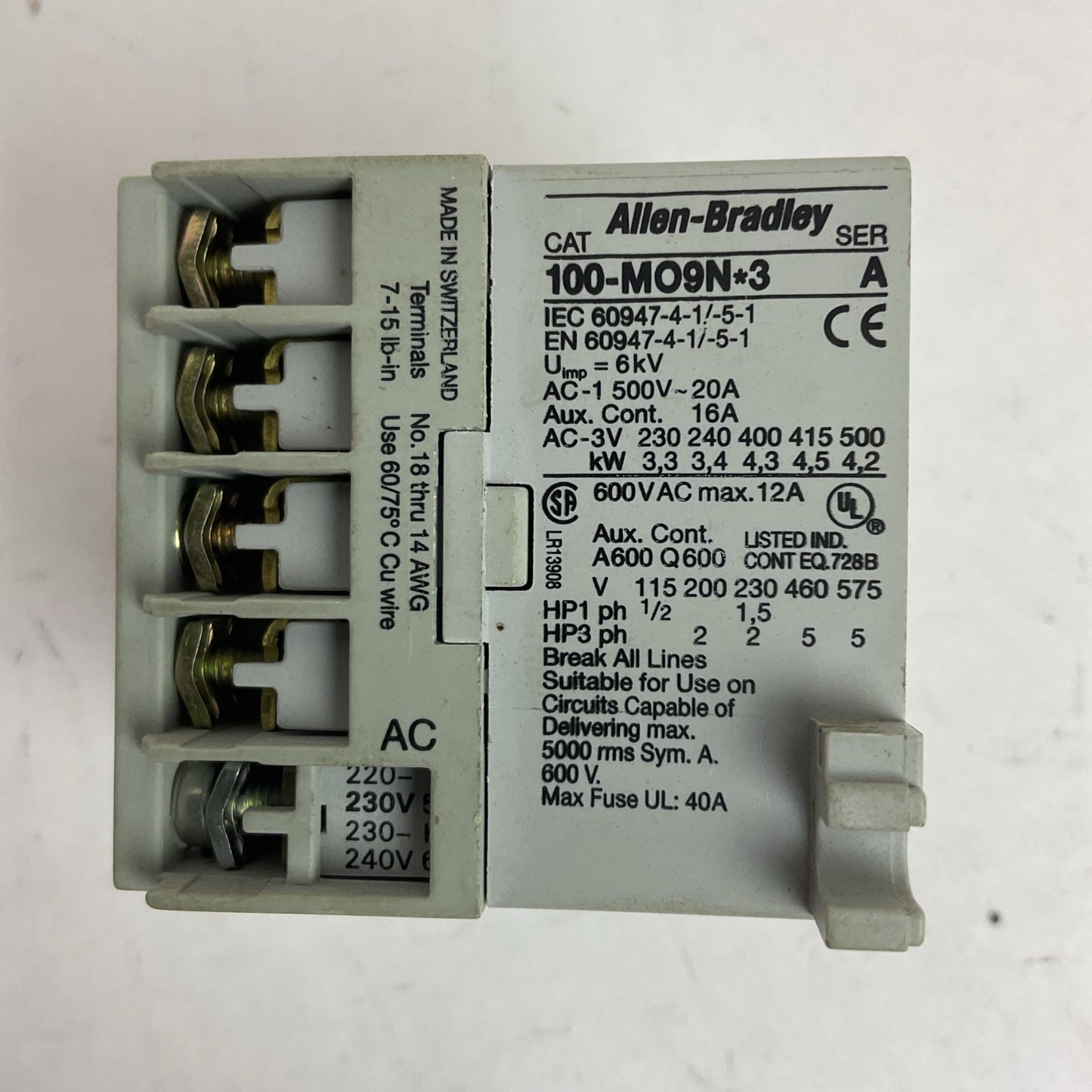 ALLEN BRADLEY 100-MO9N*3 SER A 600VAC 12A 3PH 5HP CONTACTOR 230-240V 60HZ COIL