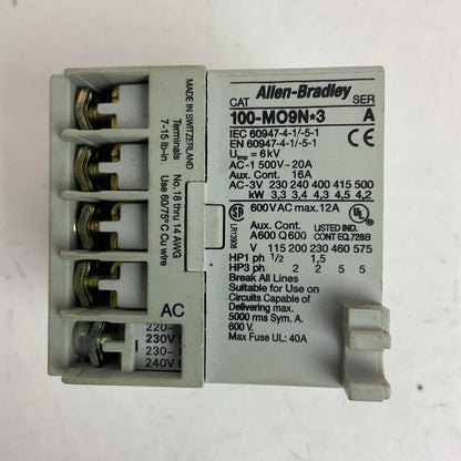 ALLEN BRADLEY 100-MO9N*3 SER A 600VAC 12A 3PH 5HP CONTACTOR 230-240V 60HZ COIL