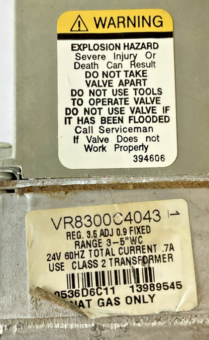 HONEYWELL VR8300C4043 GAS VALVE 3-5"WC 24V 60HZ .7A NAT GAS