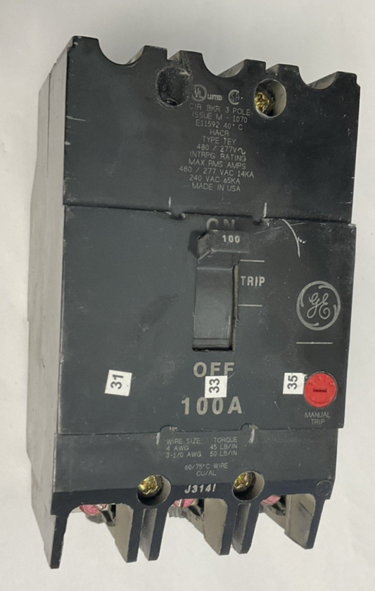 GE TEY3100 CIRCUIT BREAKER 100A 480VAC 3POLE