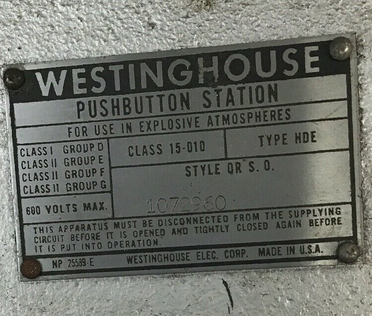WESTINGHOUSE PUSHBUTTON STATION CLASS 15-010 TYPE HDE 600VOLTS