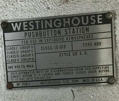 WESTINGHOUSE PUSHBUTTON STATION CLASS 15-010 TYPE HDE 600VOLTS