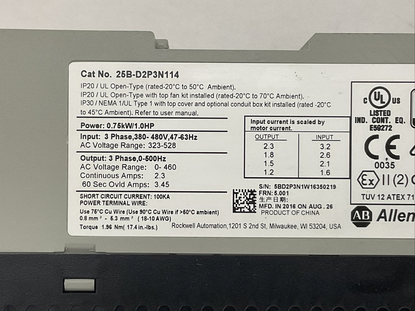 ALLEN BRADLEY 25B-D2P3N114 AC DRIVE SER A FRN 5.001 OUTPUT 0-460VAC
