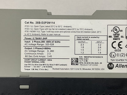 ALLEN BRADLEY 25B-D2P3N114 AC DRIVE SER A FRN 5.001 OUTPUT 0-460VAC