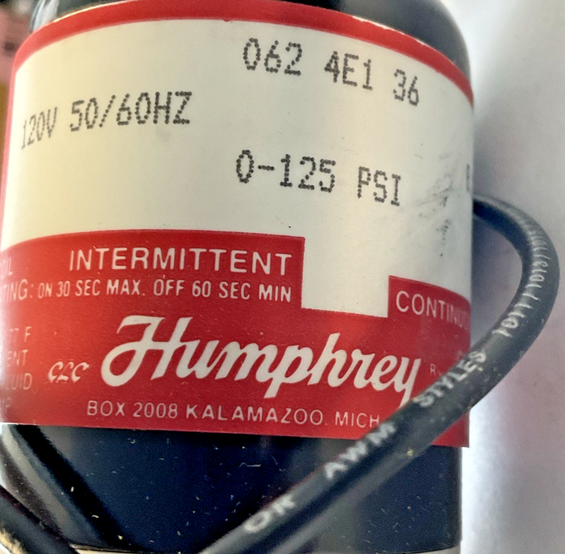 HUMPHREY 062 4E1 36 SOLENOID VALVE 0-125PSI 120V 50/60HZ