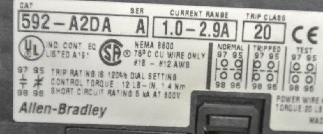 ALLEN-BRADLEY 592-A2DA OVERLOAD RELAY / 1.0-2.9A / TRIP CLASS 20