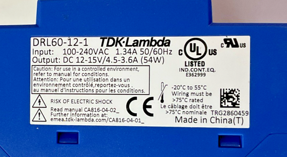 TDK-LAMBDA DRL60-12-1 POWER SUPPLY MODULE 240VAC 15VDC 50/60HZ 54W