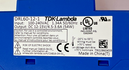 TDK-LAMBDA DRL60-12-1 POWER SUPPLY MODULE 240VAC 15VDC 50/60HZ 54W
