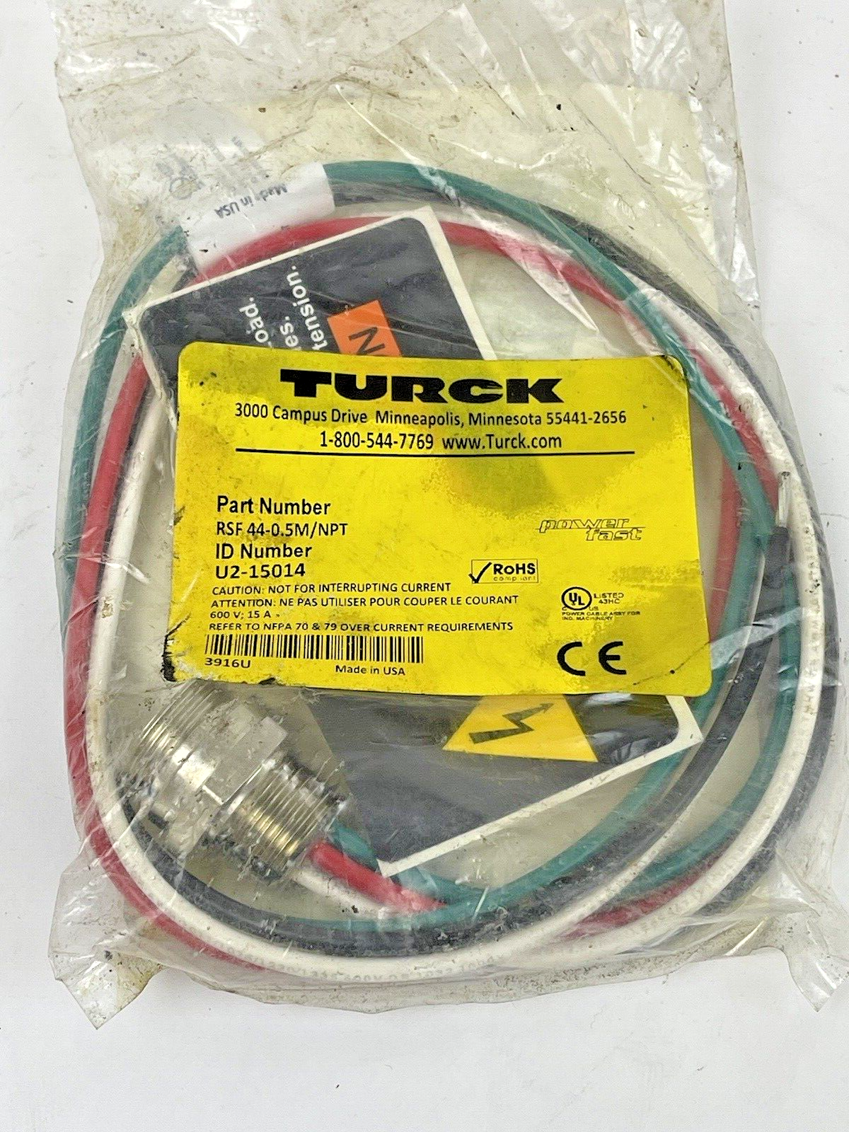 TURCK RSF44-0.5M/NPT PowerFast Cordset Mini 4-Pin Male Flying Lead 0.5M U2-15014