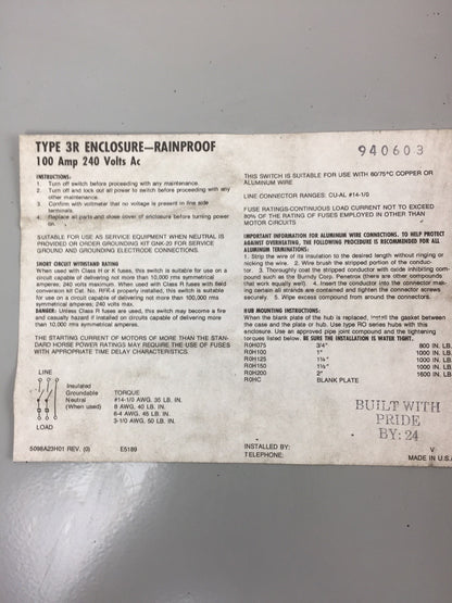 WESTINGHOUSE RGFN323N TYPE 3R RAINPROOF 100 AMP 240 VAC SAFETY SWITCH