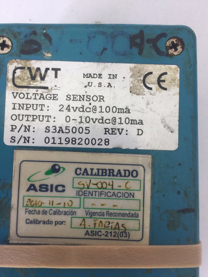 CWT S3A5005 VOLTAGE SENSOR INPUT 24VDC@100ma OUTPUT 0-10VDC@10ma REV D