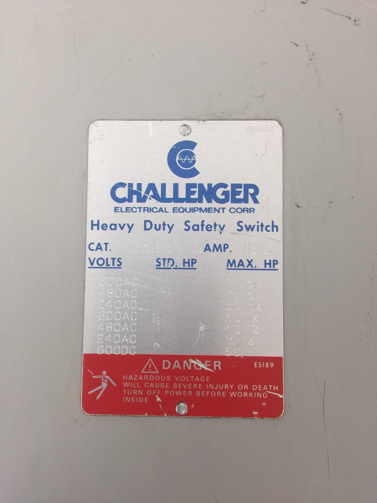 CHALLENGER HD363NFC HD SAFETY SWITCH 600VAC/DC 100AMP 75HP TYPE 1 ENCLOSURE