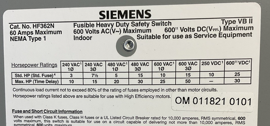 SIEMEN HF362N FUSIBLE SAFETY SWITCH 600VAC 50HP 600VDC 30HP 60A