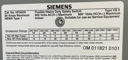 SIEMEN HF362N FUSIBLE SAFETY SWITCH 600VAC 50HP 600VDC 30HP 60A